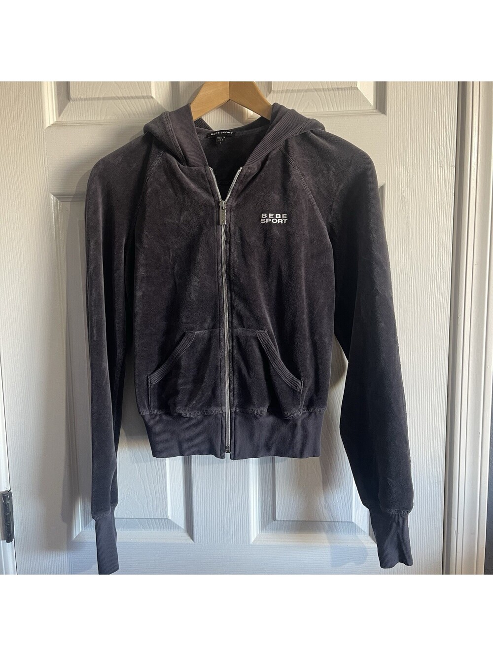 BEBE SPORT Dark Gray Velour Full Zip Hoodie Sz S Y2K Cropped Logo Made in USA